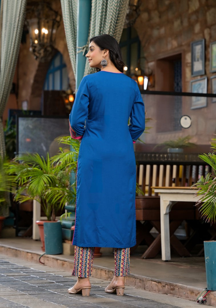 Blue Thread Embroidered Liva Rayon Kurta Pant And Dupatta Set With Mirror Work Beads & Coins