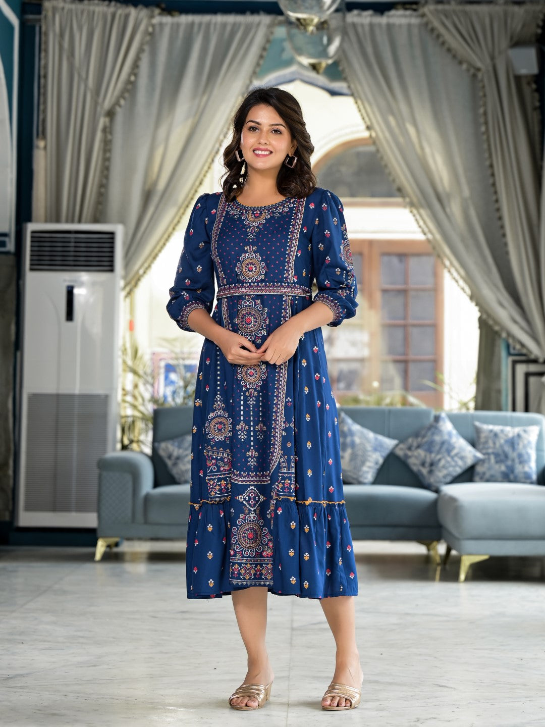 Blue Ethnic Motif Printed Liva Rayon A-Lined Tiered Dress With Belt