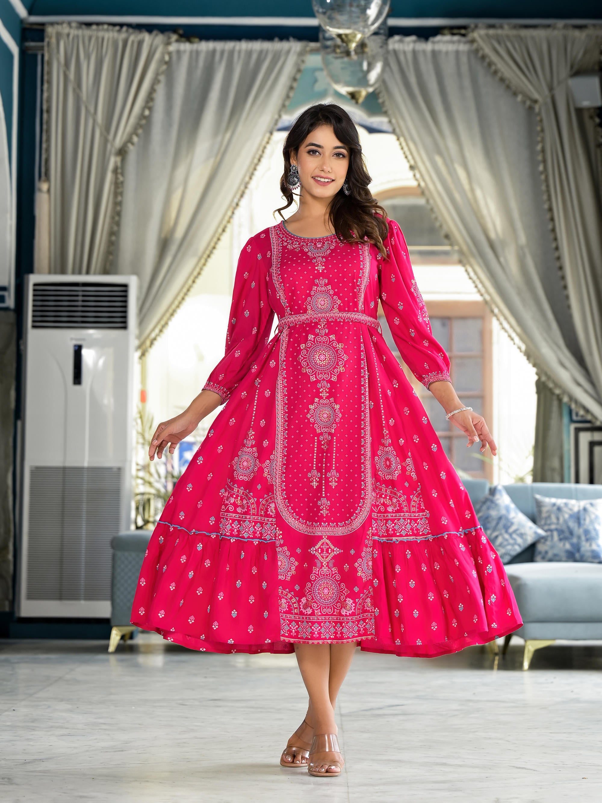 Fuchsia Ethnic Motif Printed Liva Rayon A-Lined Tiered Dress With Belt