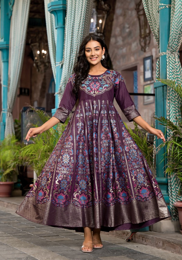 Plum Ethnic Motif Printed Santoon Dress With Thread & Zari Work