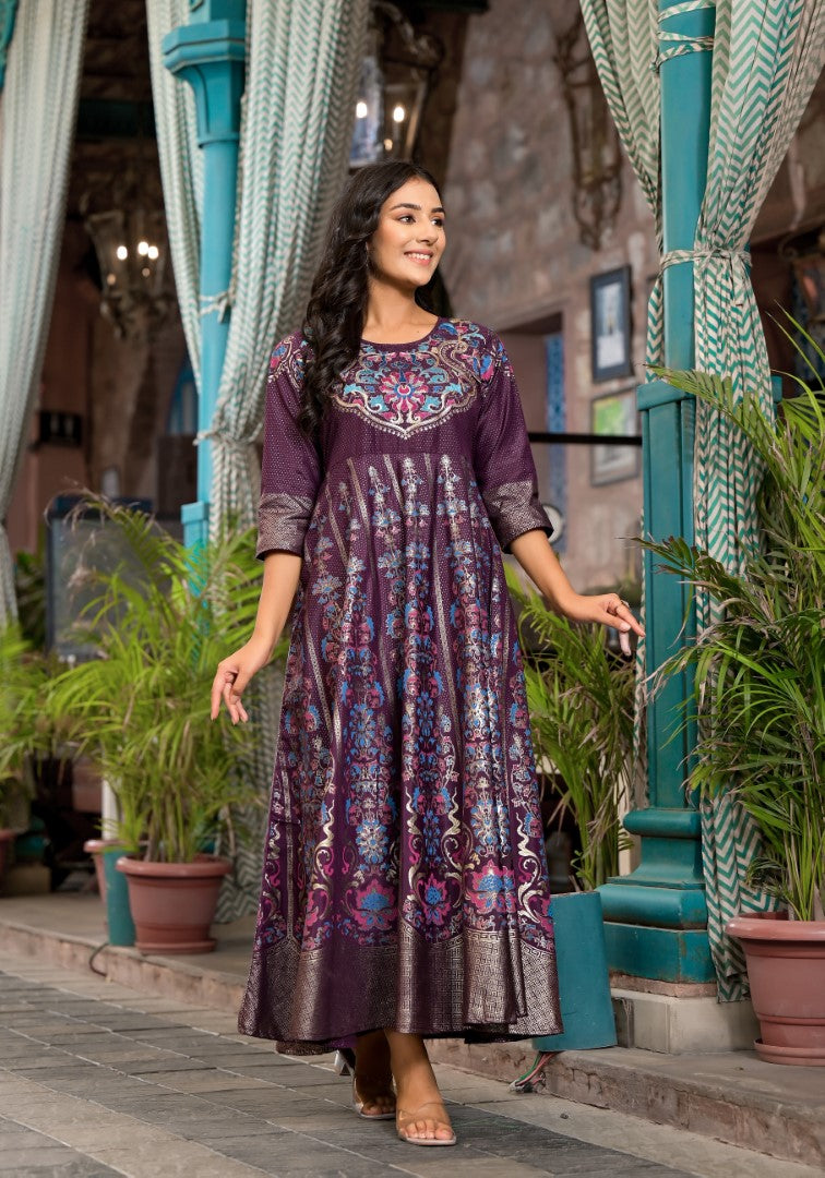 Plum Ethnic Motif Printed Santoon Dress With Thread & Zari Work