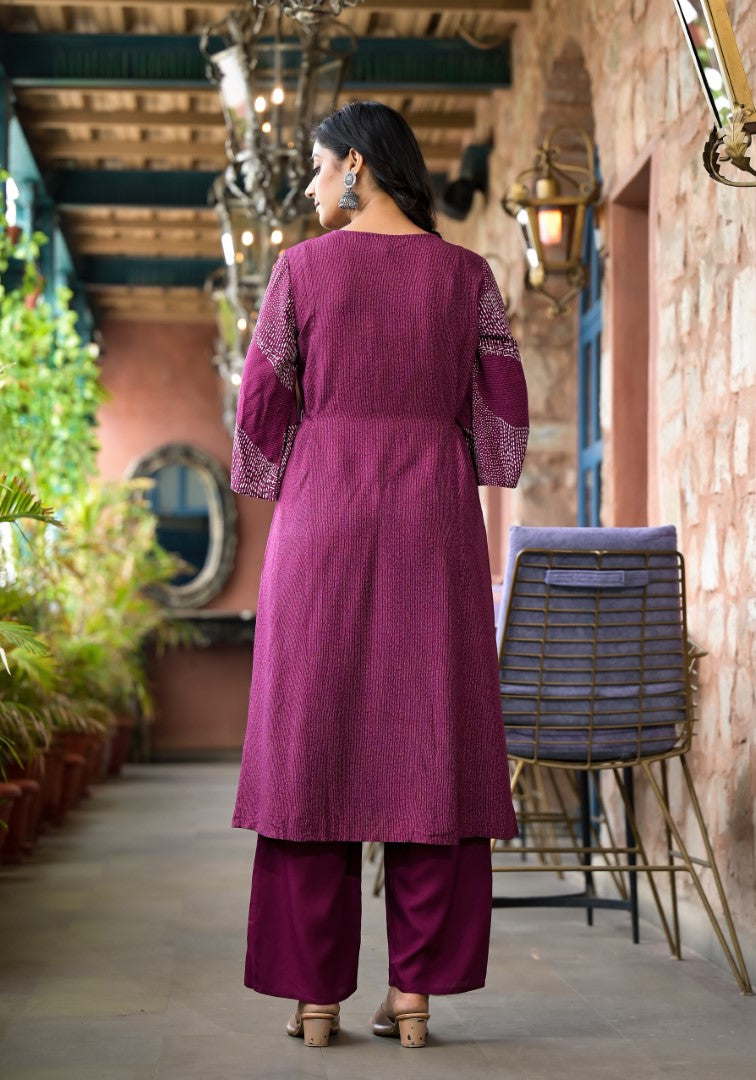 Wine Abstract Printed Liva Rayon A-Lined Kurta Pant And Dupatta Set With Doris At Waist