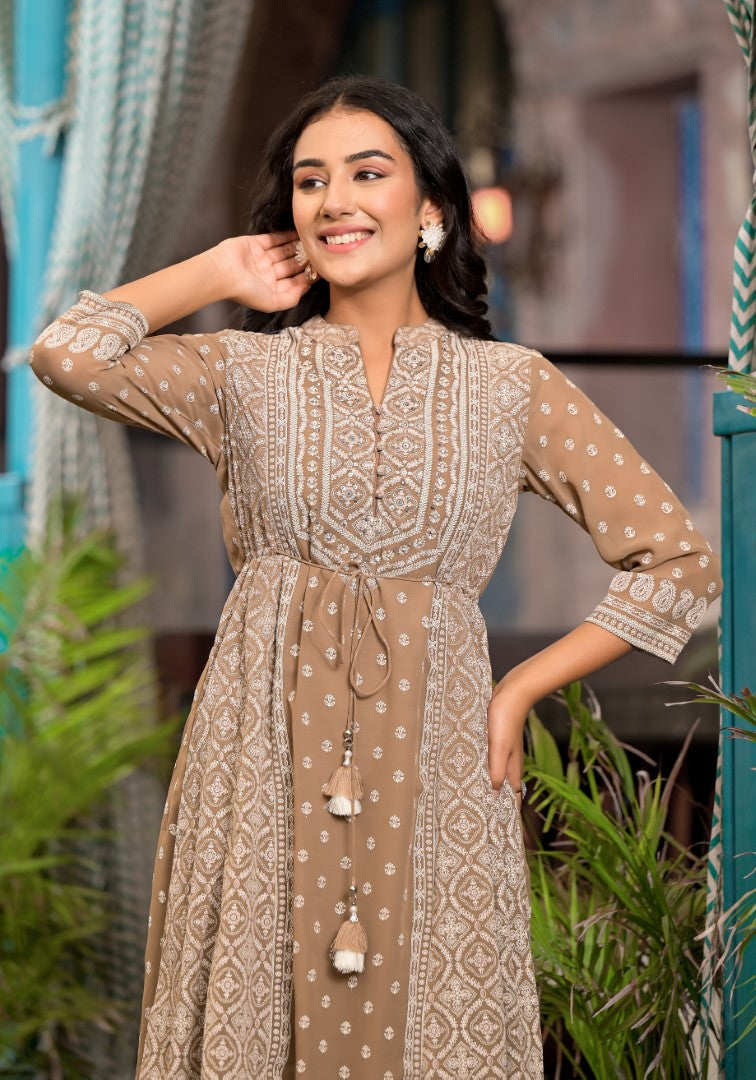 Brown Ethnic Motif Printed Georgette A-Lined Dress With Sequins & Doris