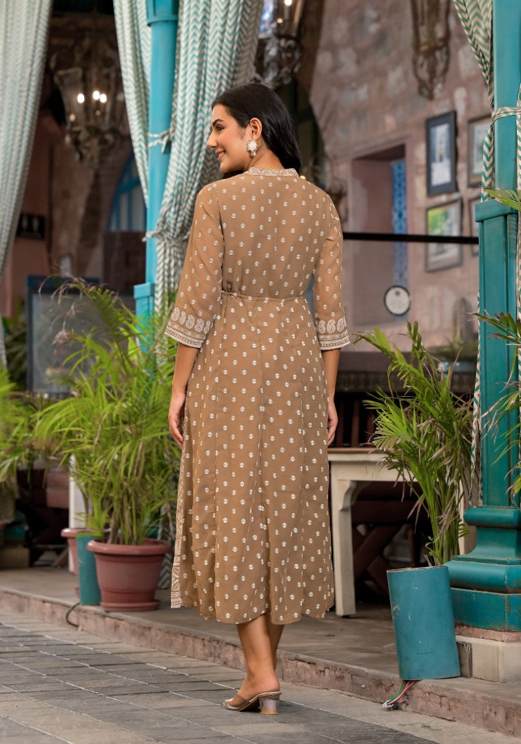 Brown Ethnic Motif Printed Georgette A-Lined Dress With Sequins & Doris