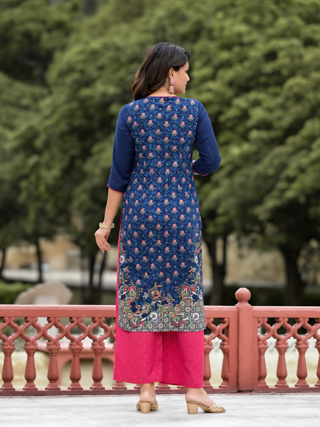 Blue Ethnic Motif Printed Viscose Kurta Pant And Dupatta Set With Sequins Work