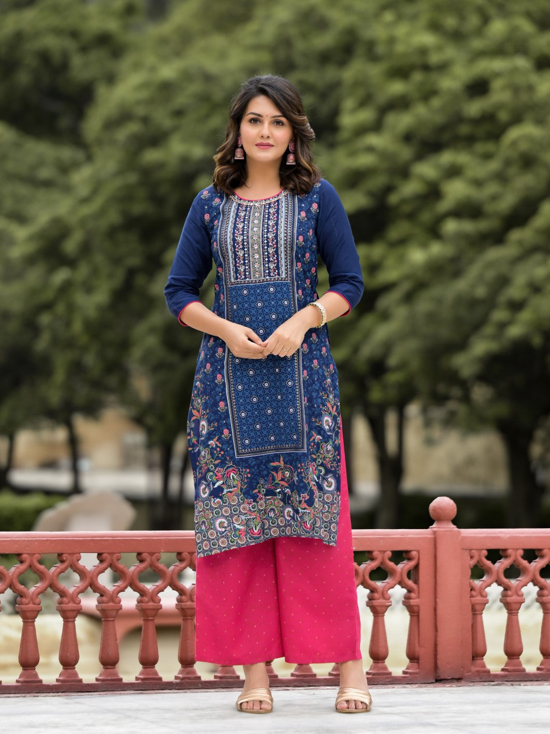 Blue Ethnic Motif Printed Viscose Kurta Pant And Dupatta Set With Sequins Work