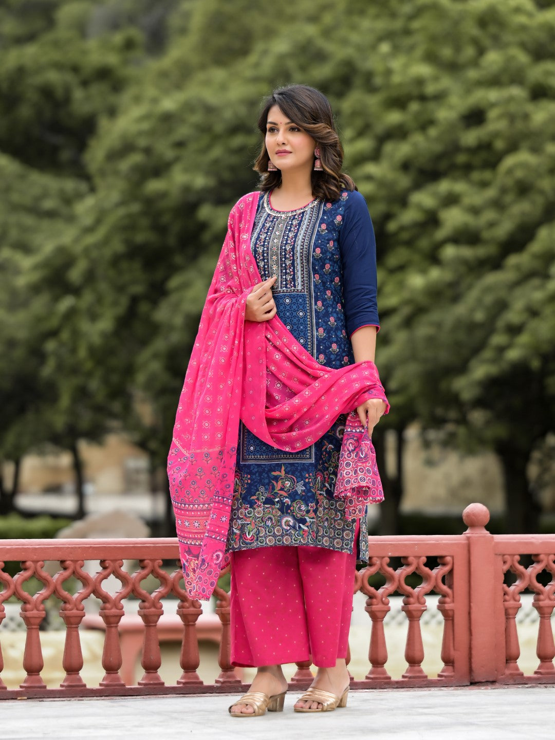 Blue Ethnic Motif Printed Viscose Kurta Pant And Dupatta Set With Sequins Work