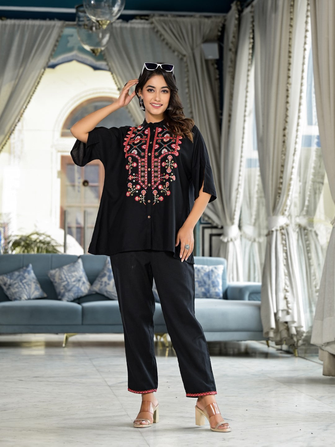 Black Thread Embroidered Liva Rayon Tunic Pant Set With Mirror Work & Buttons