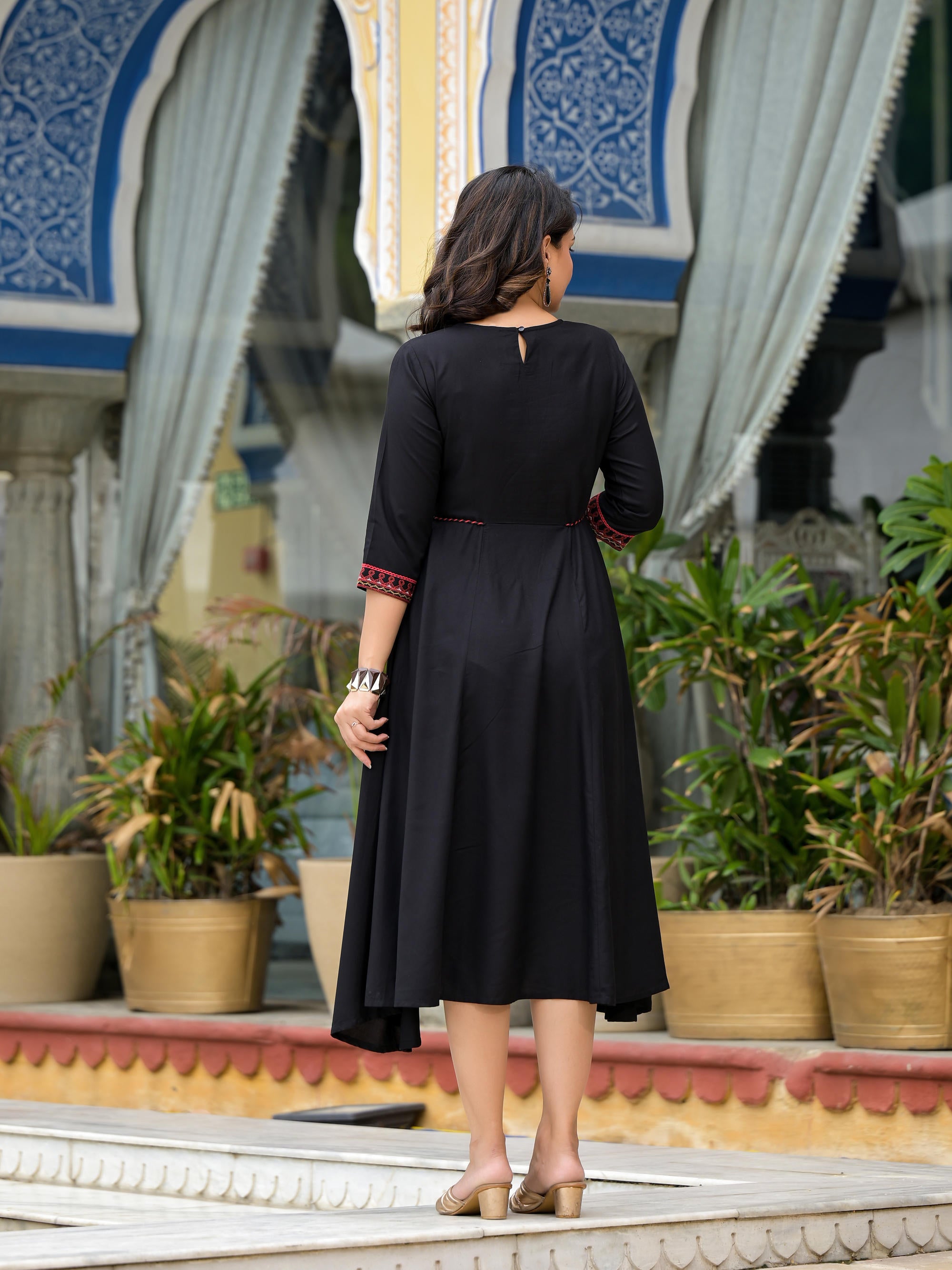 Black Thread Embroidered Liva Rayon A-Line Dress With Tassel Kaudis & Doris At Waist