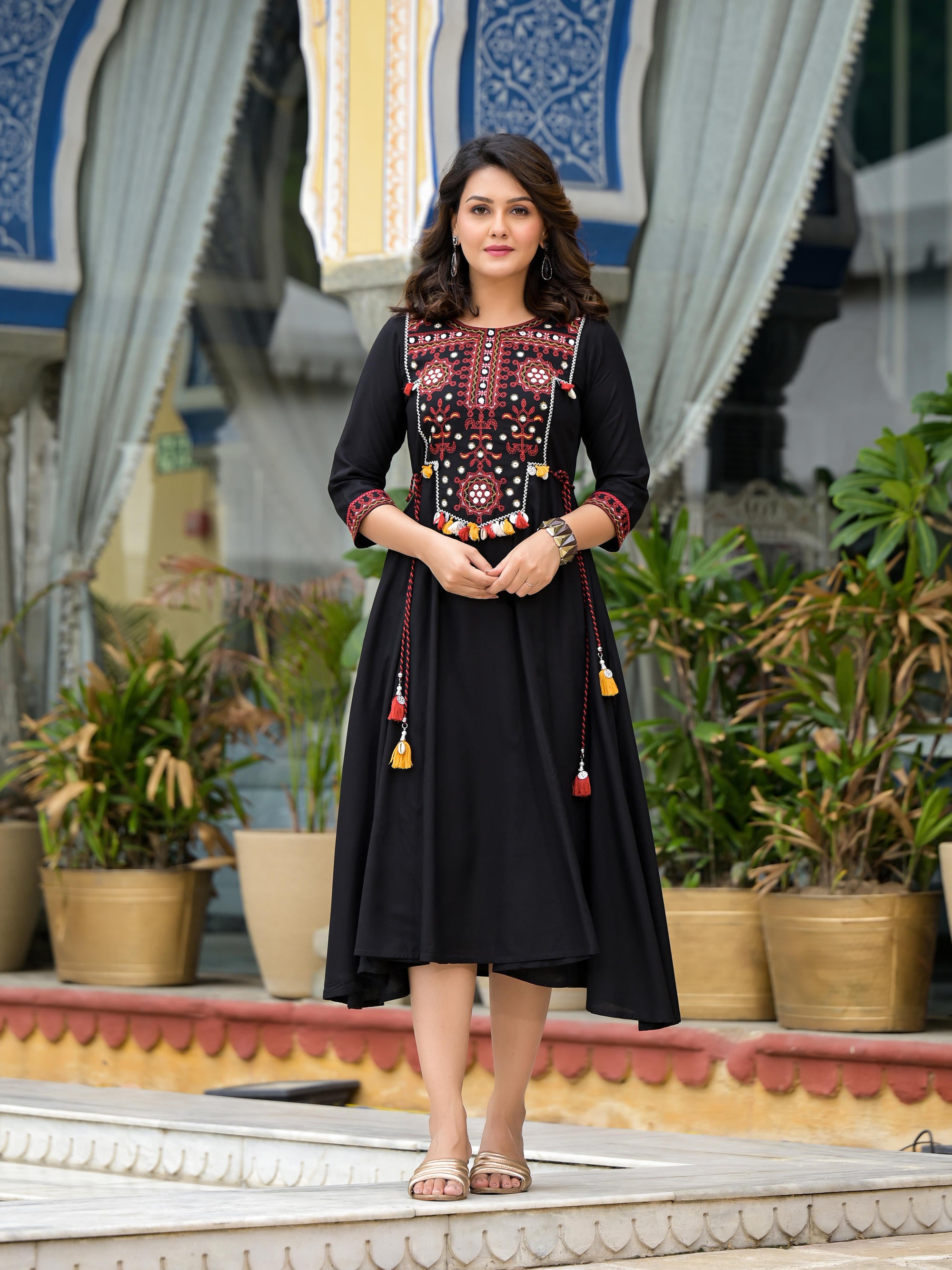 Black Thread Embroidered Liva Rayon A-Line Dress With Tassel Kaudis & Doris At Waist