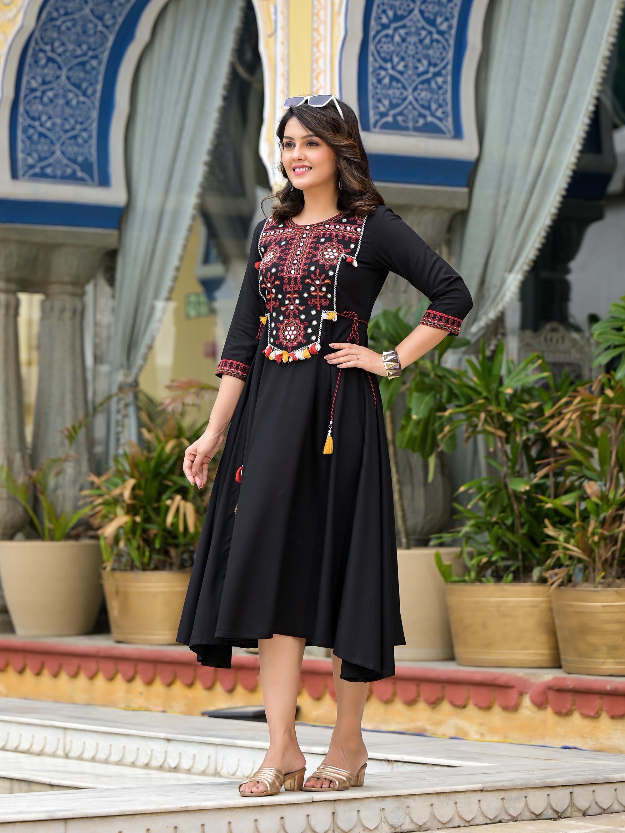 Black Thread Embroidered Liva Rayon A-Line Dress With Tassel Kaudis & Doris At Waist