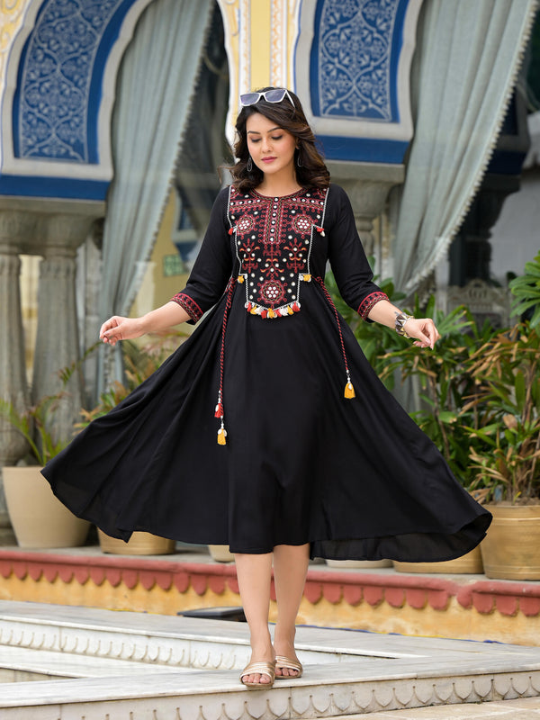 Black Thread Embroidered Liva Rayon A-Line Dress With Tassel Kaudis & Doris At Waist