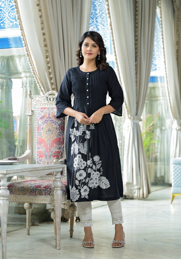 Black Floral Printed Cotton Kurta With Button Detailing