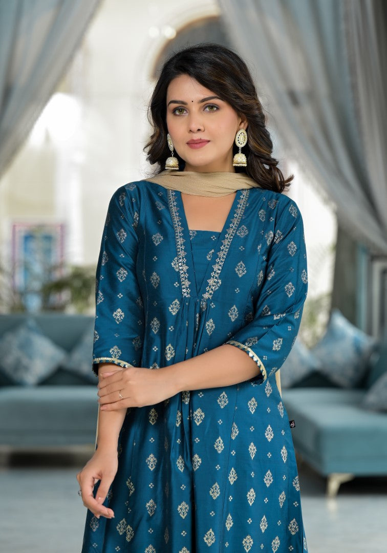 Blue Ethnic Motif Printed Polycotton Kurta Pant And Dupatta Set With Sequins Gota Patti & Beads