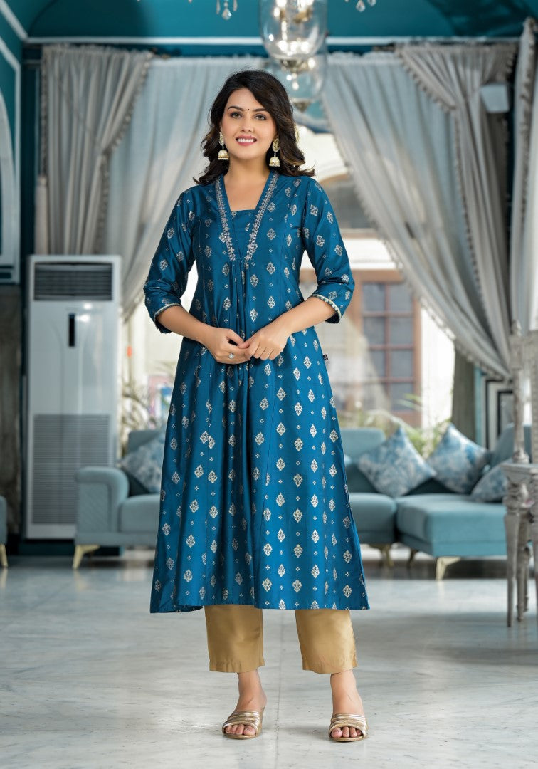 Blue Ethnic Motif Printed Polycotton Kurta Pant And Dupatta Set With Sequins Gota Patti & Beads