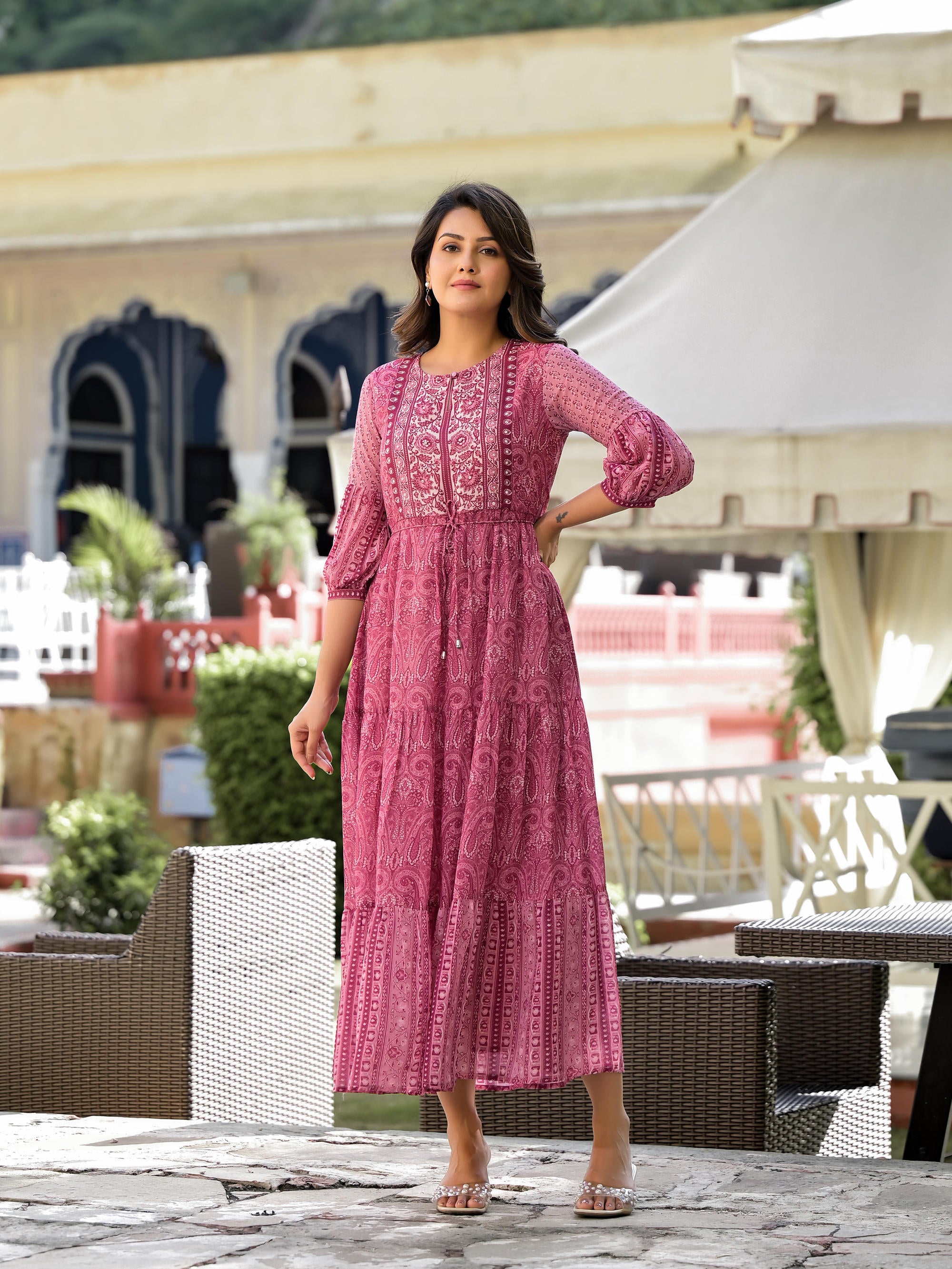 Onion Pink Ethnic Motif Printed Georgette Gathers Maxi Dress With Sequins & Doris