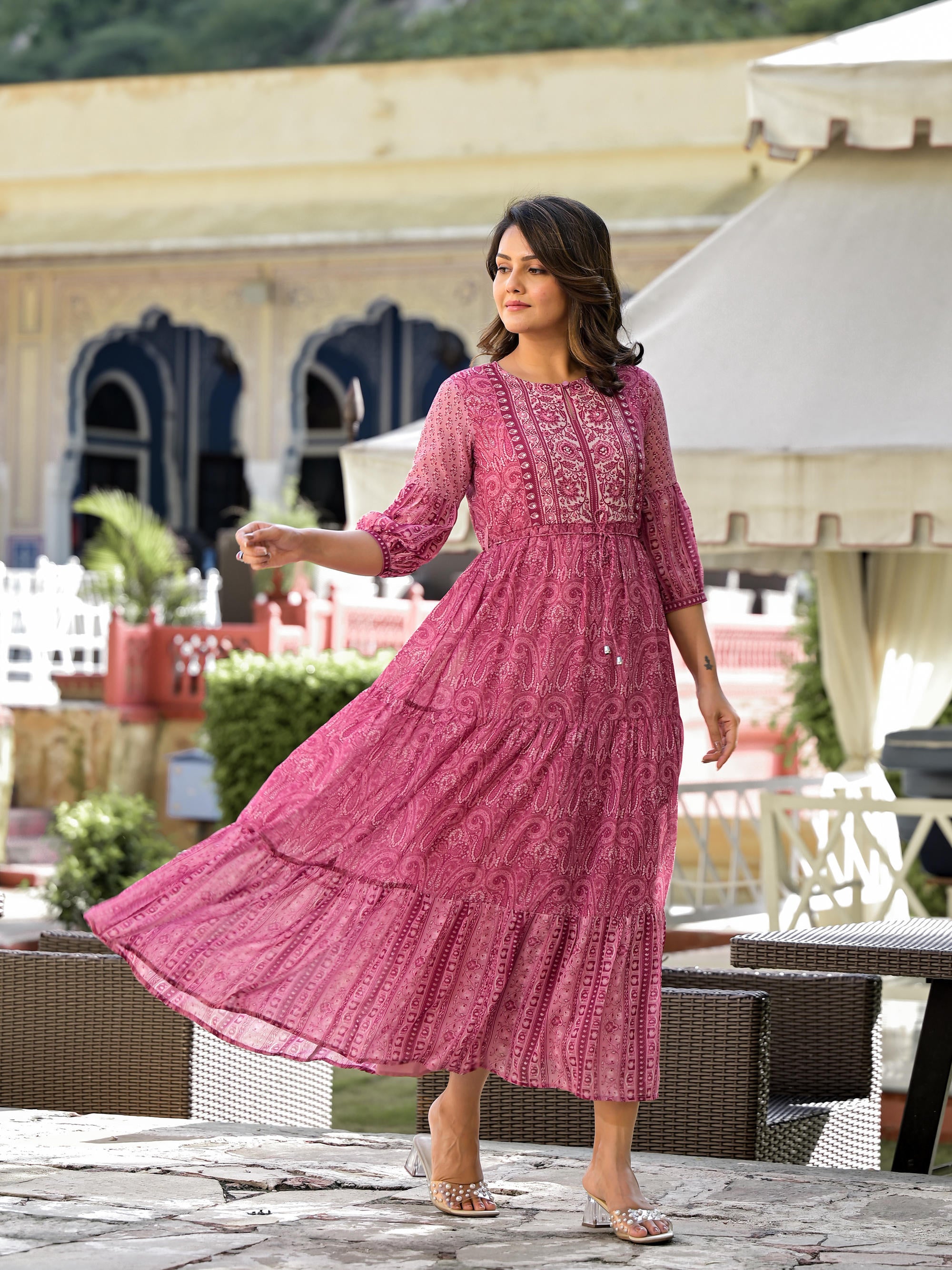 Onion Pink Ethnic Motif Printed Georgette Gathers Maxi Dress With Sequins & Doris