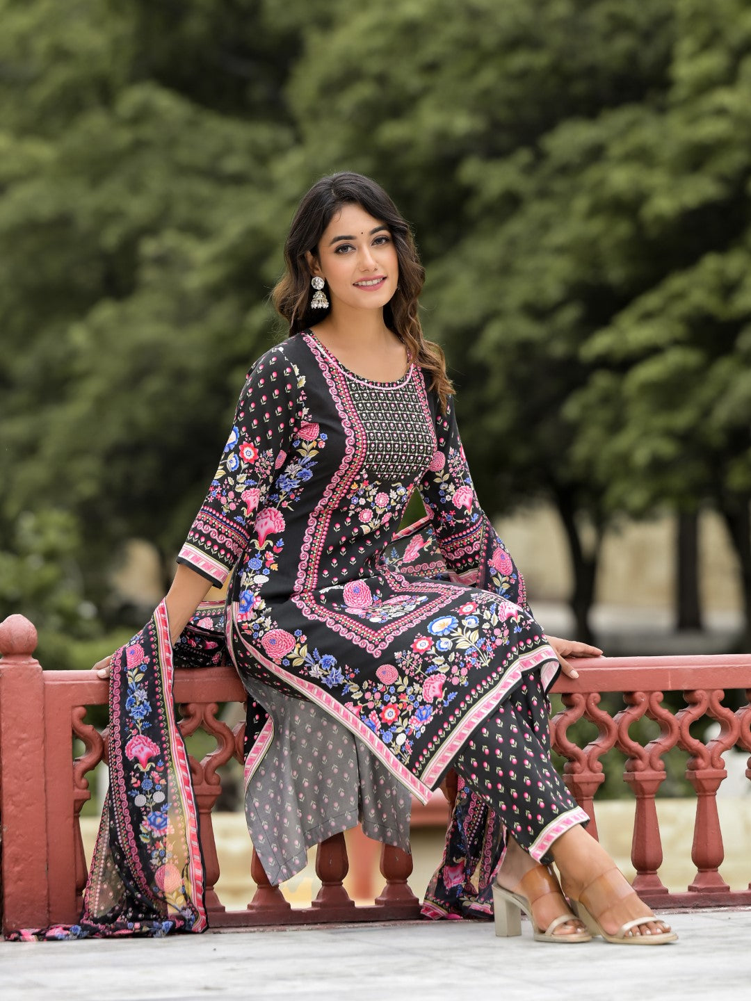 Black Floral Printed Liva Rayon Kurta Pant And Dupatta Set With Tassels & Sequins