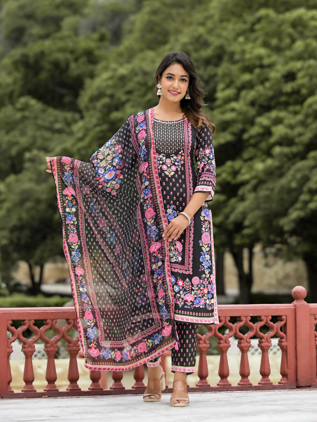 Black Floral Printed Liva Rayon Kurta Pant And Dupatta Set With Tassels & Sequins