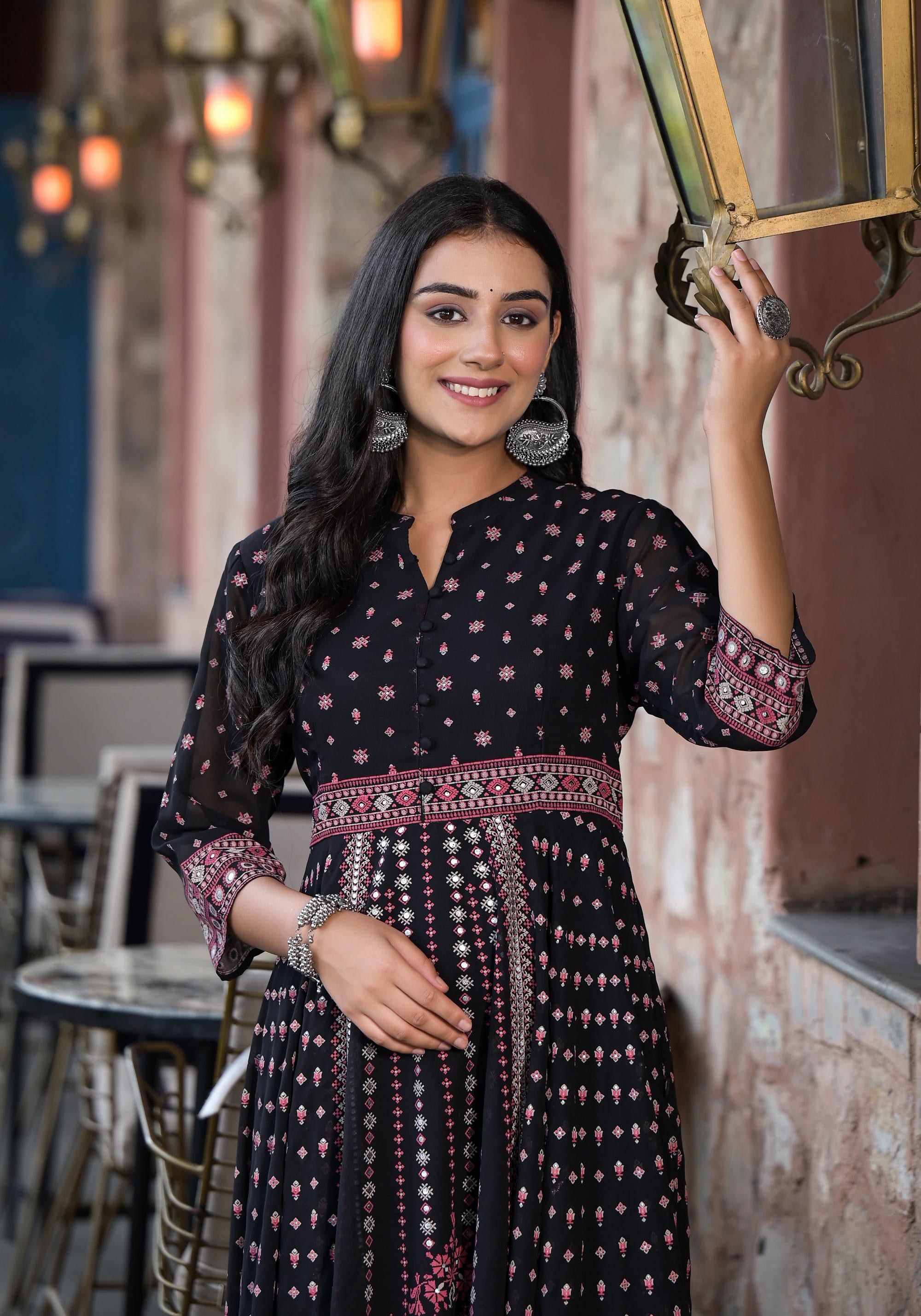 Black Ethnic Motif Printed Georgette A-line Dress With Mirror Work & Sequins