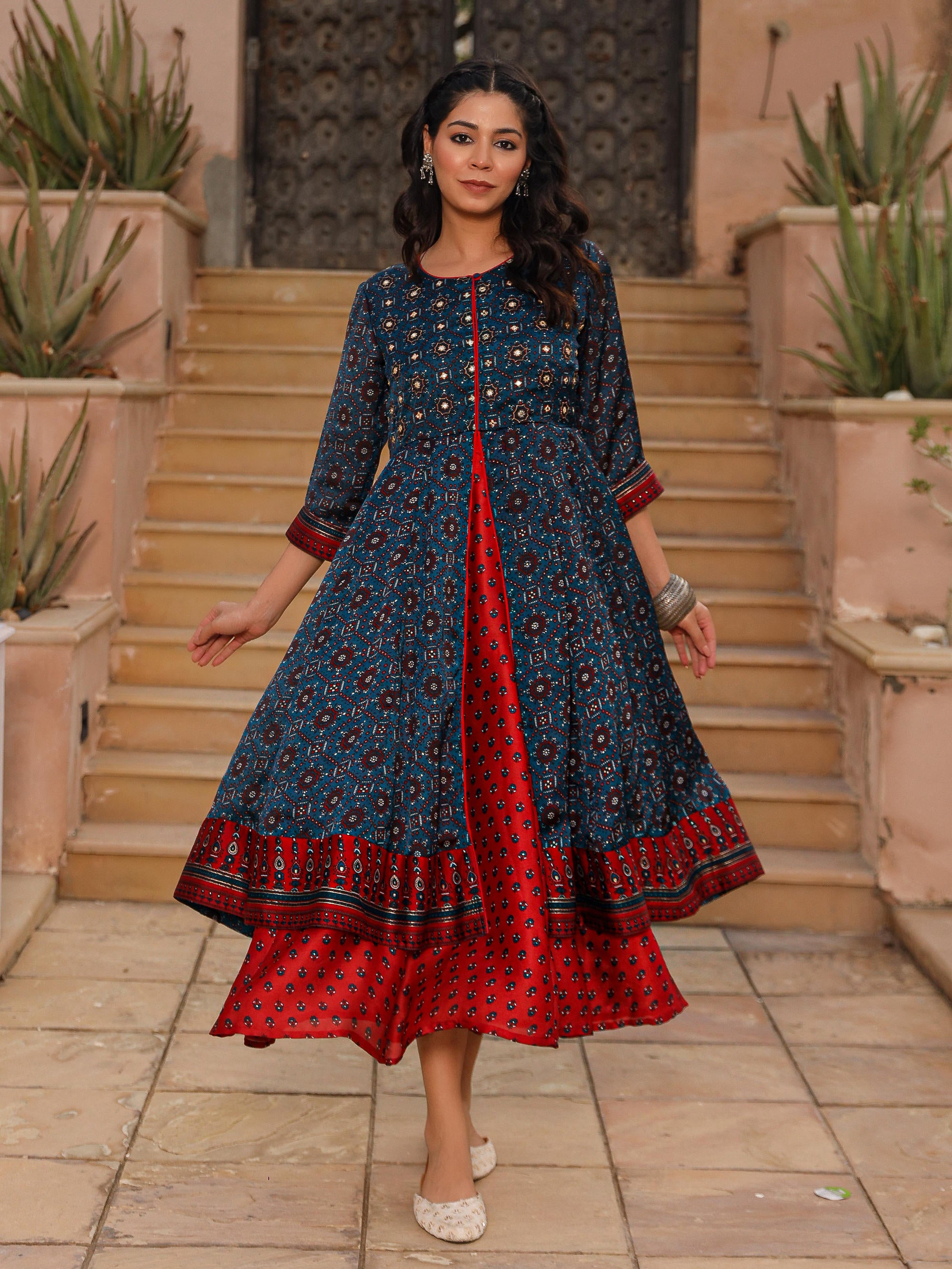 The Chitrahar Blue Ethnic Motif Printed Cotton Dress With Mirror Work