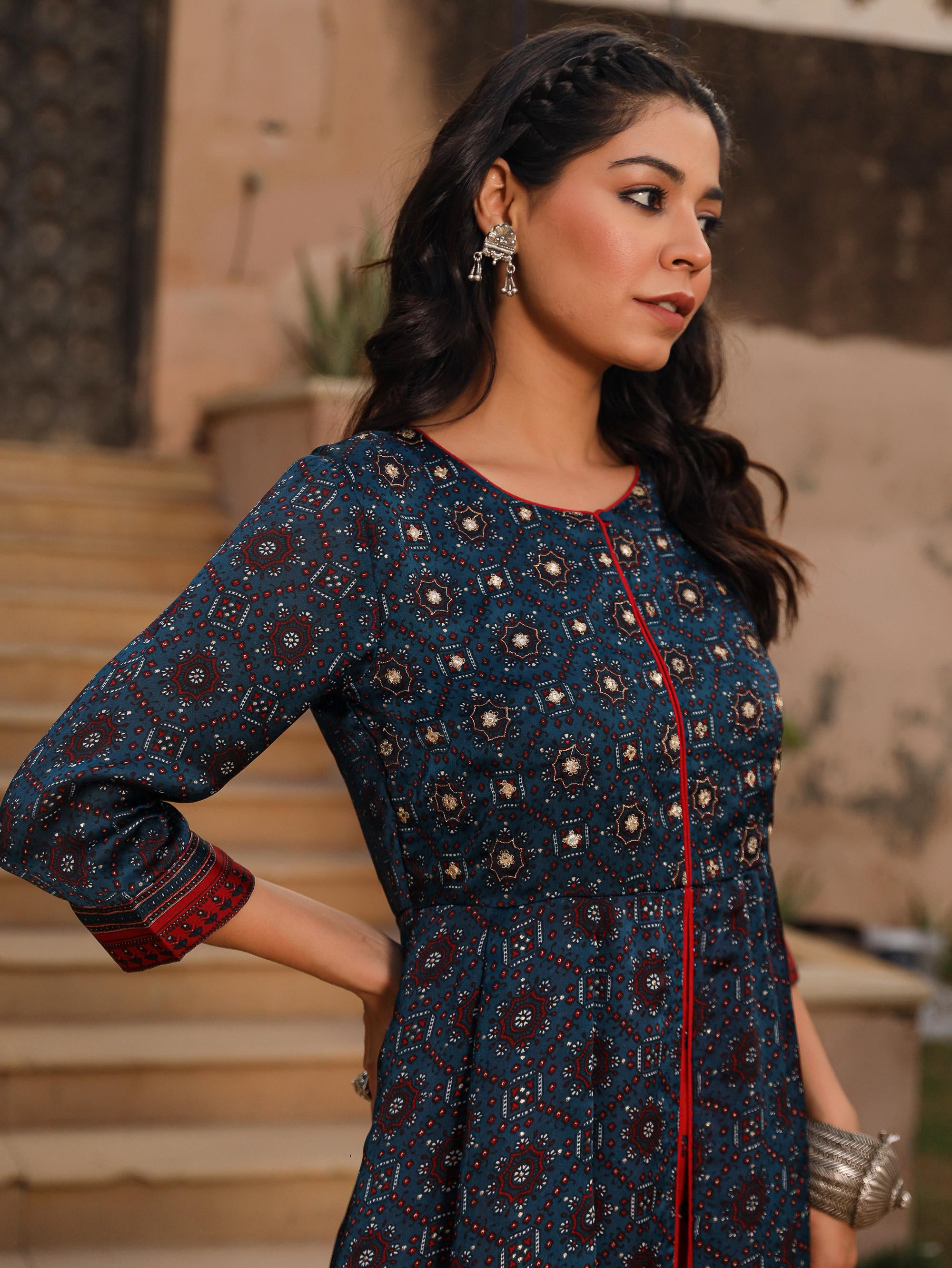 The Chitrahar Blue Ethnic Motif Printed Cotton Dress With Mirror Work