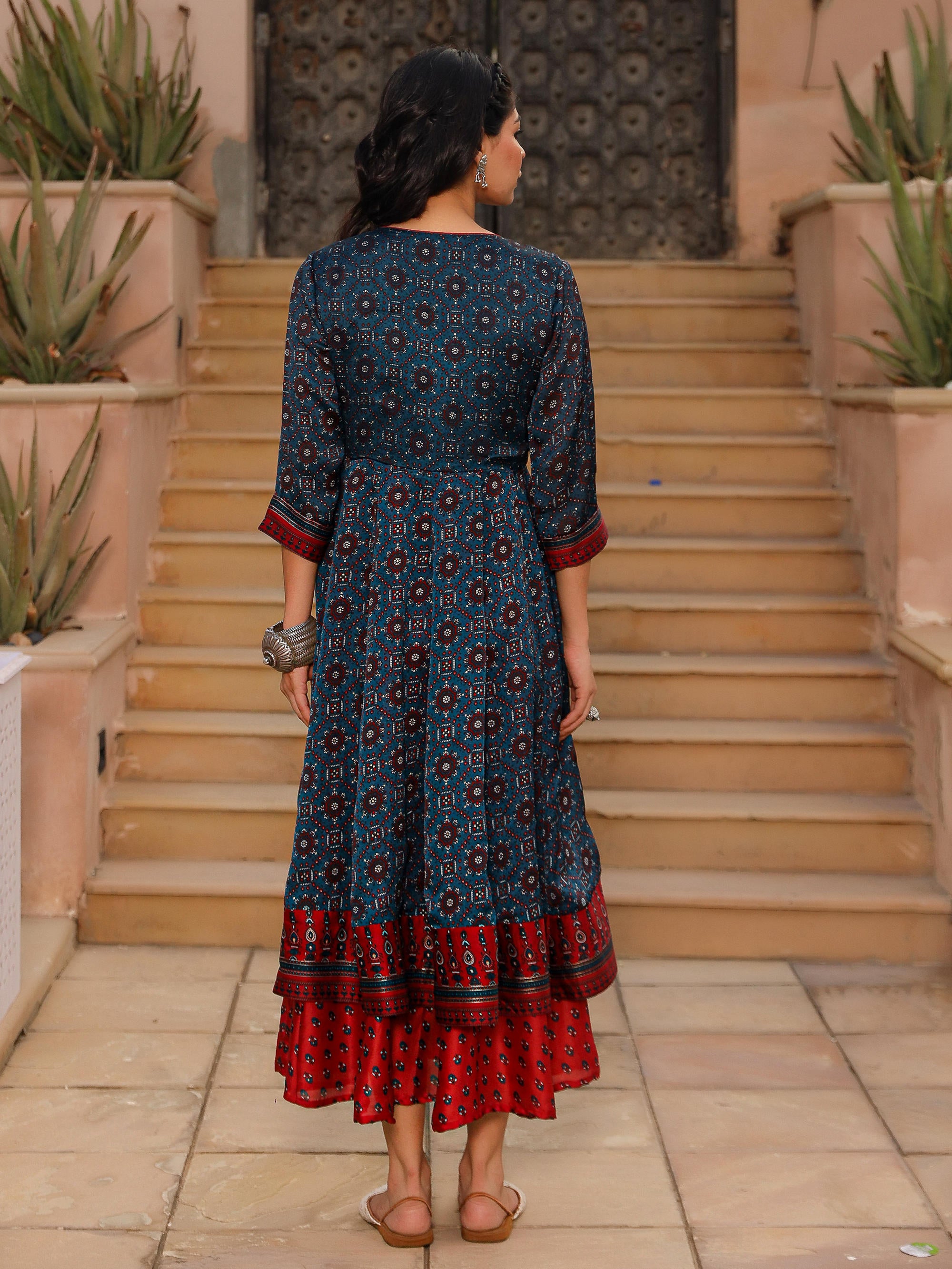 The Chitrahar Blue Ethnic Motif Printed Cotton Dress With Mirror Work