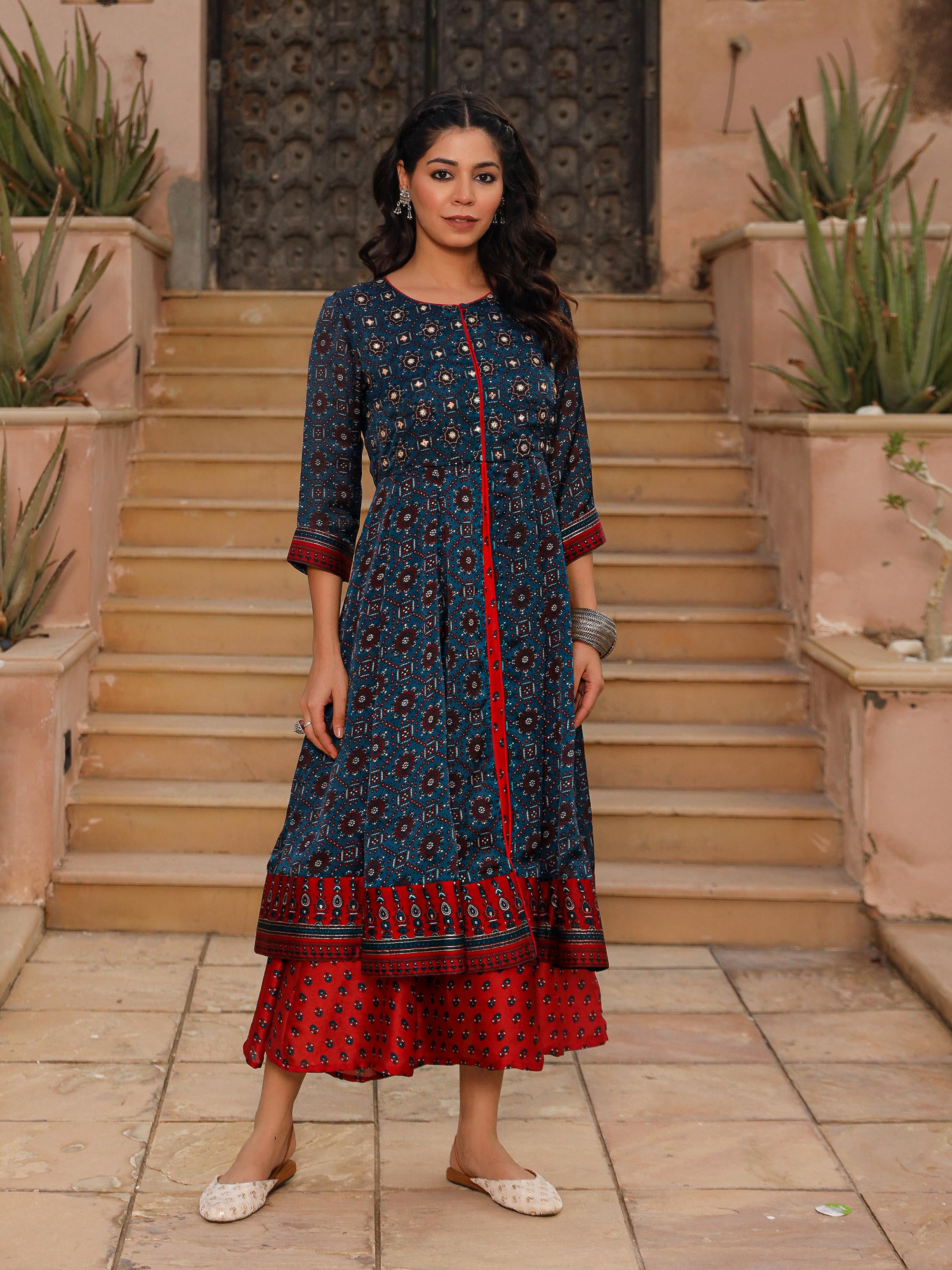 The Chitrahar Blue Ethnic Motif Printed Cotton Dress With Mirror Work