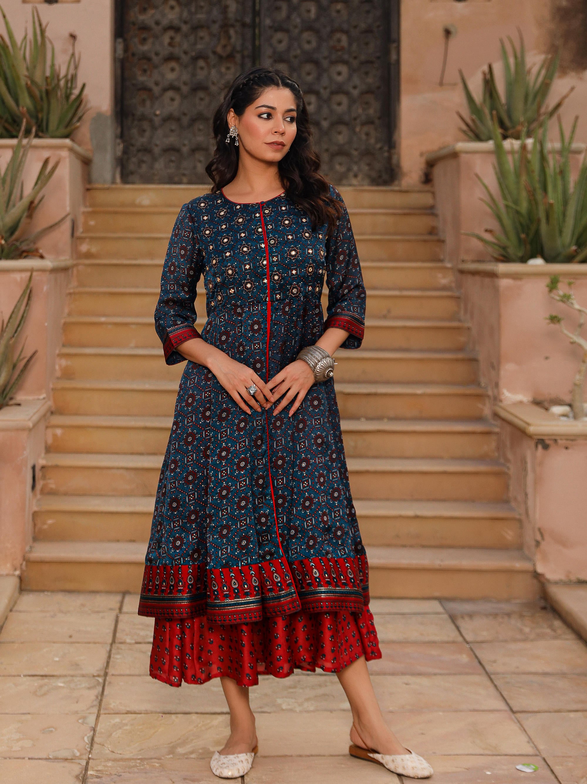 The Chitrahar Blue Ethnic Motif Printed Cotton Dress With Mirror Work