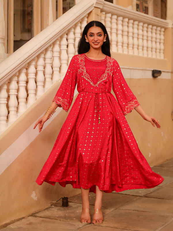 The Swarn Fuchsia Ethnic Motif Printed Viscose Dress With Dori & Zari Work