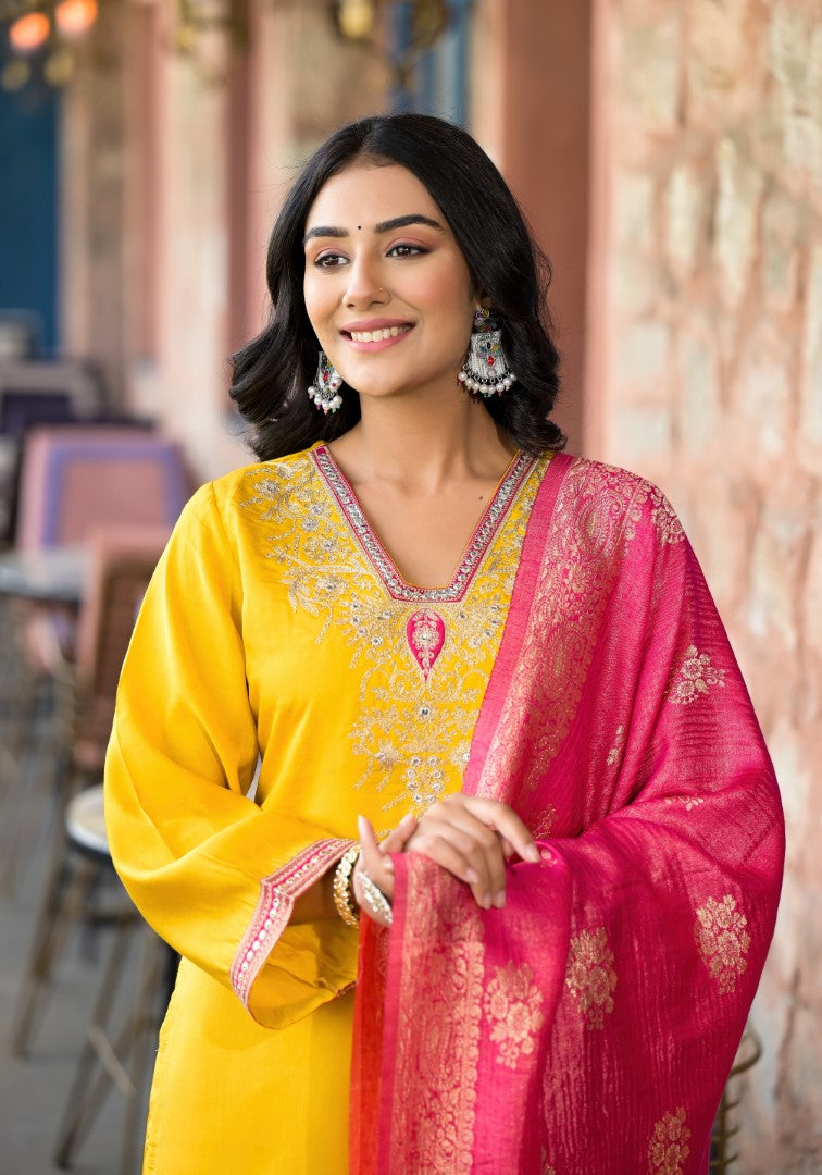 Mustard Zari Embroidered Viscose Kurta Pant And Dupatta Set With Mirror Work