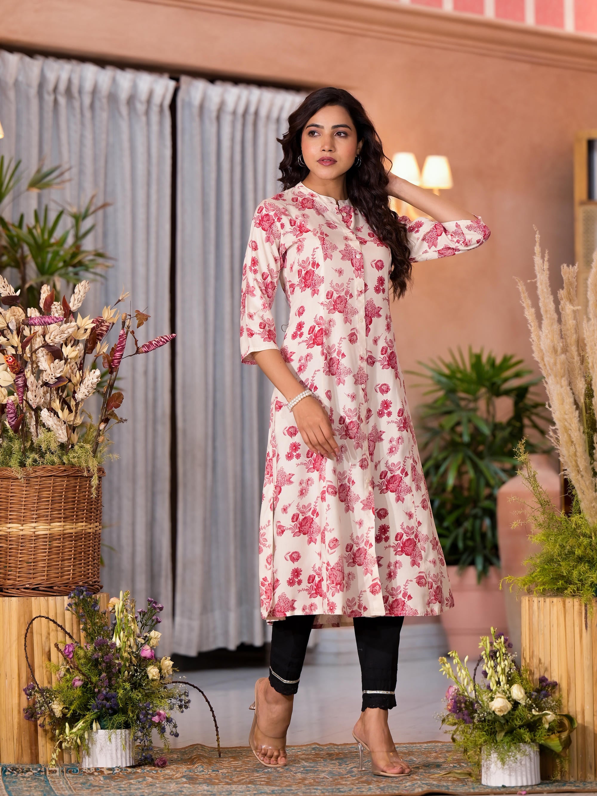 Off White Floral Printed Liva Rayon Kurta With Button Closure