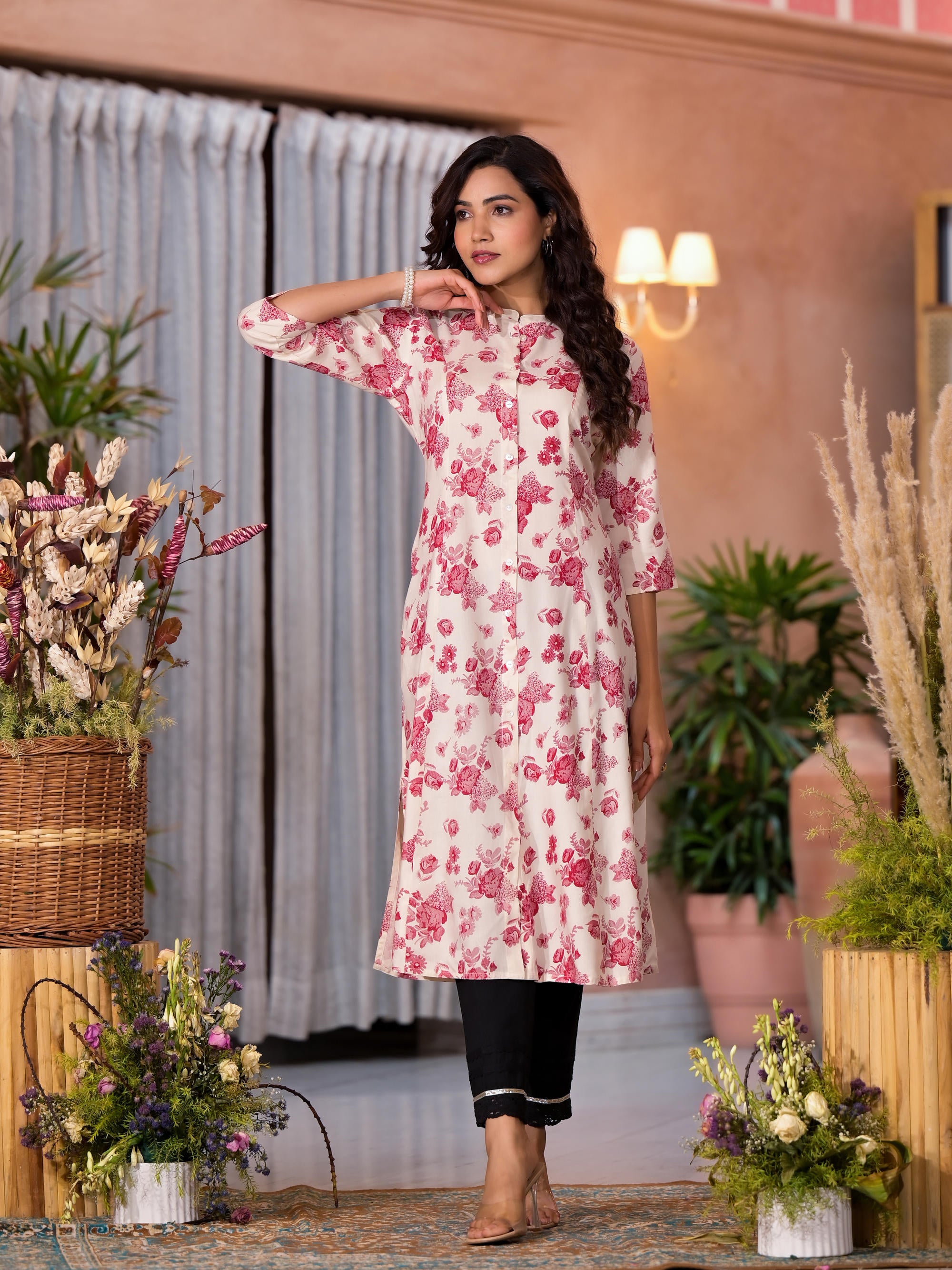 Off White Floral Printed Liva Rayon Kurta With Button Closure