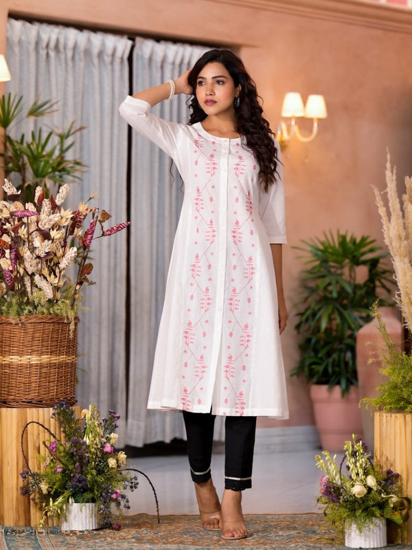 White Thread Embroidered Cotton Kurta Set With Button Closure