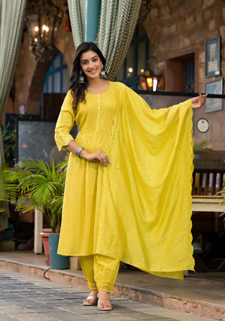 Yellow Mirror Embroidered Liva Rayon Kurta Pant And Dupatta Set With Lace & Button Detail