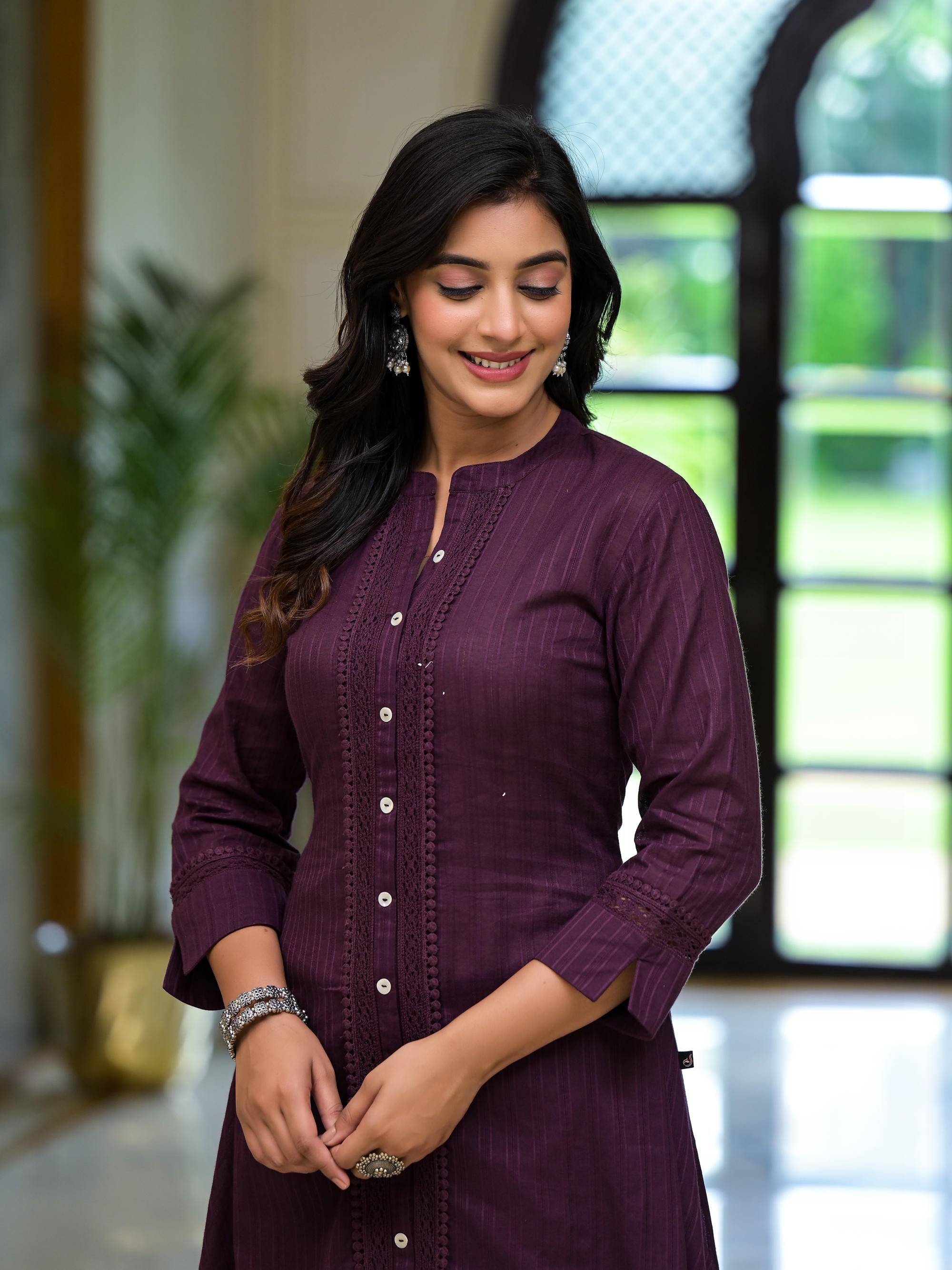 Plum Thread Embroidered Cotton Asymmetrical Kurta With Button Closure