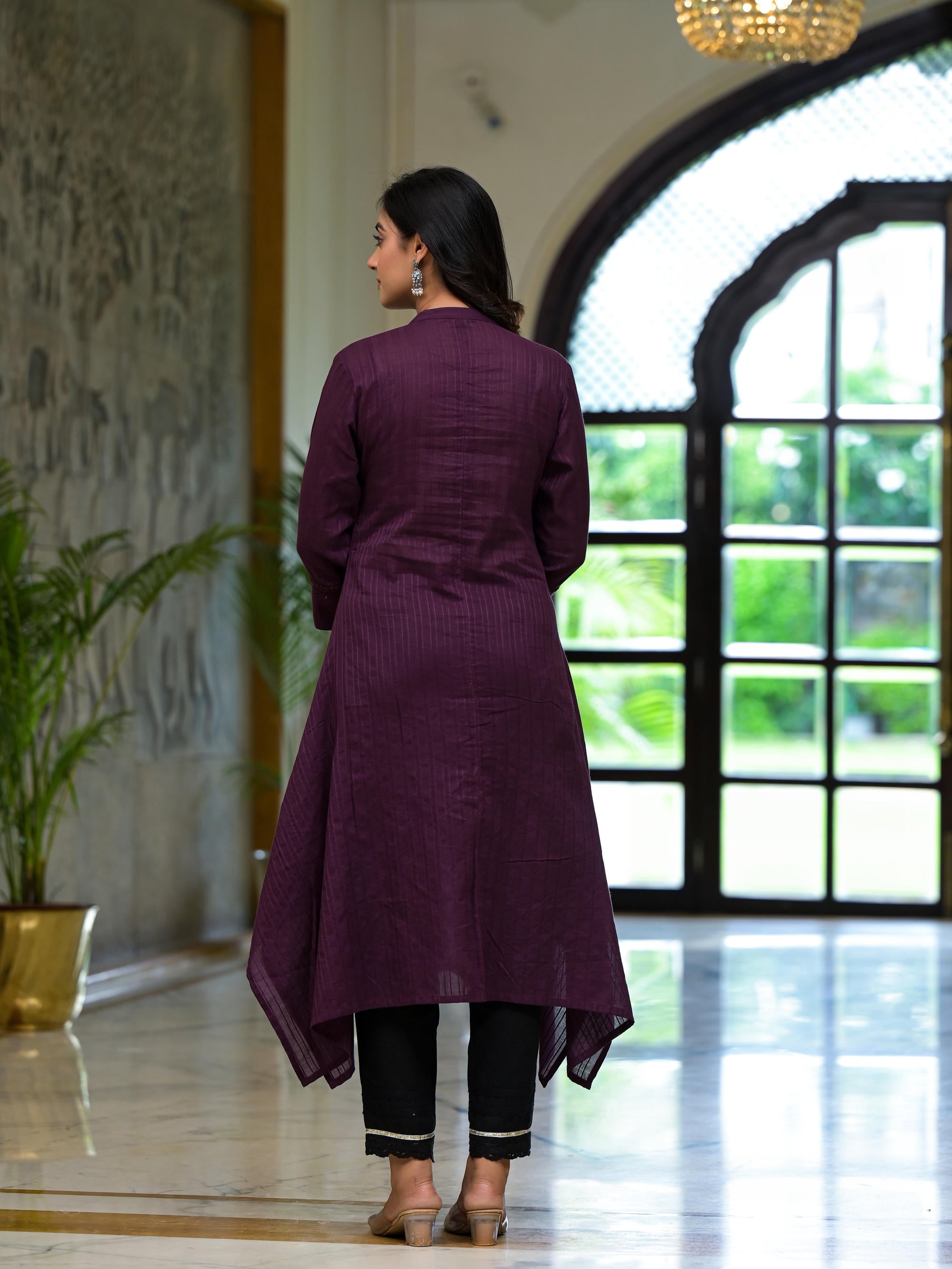 Plum Thread Embroidered Cotton Asymmetrical Kurta With Button Closure