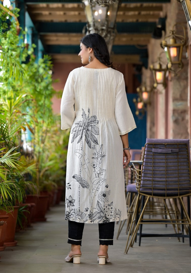 Natural Floral Printed Kurta With Buttons & Lace