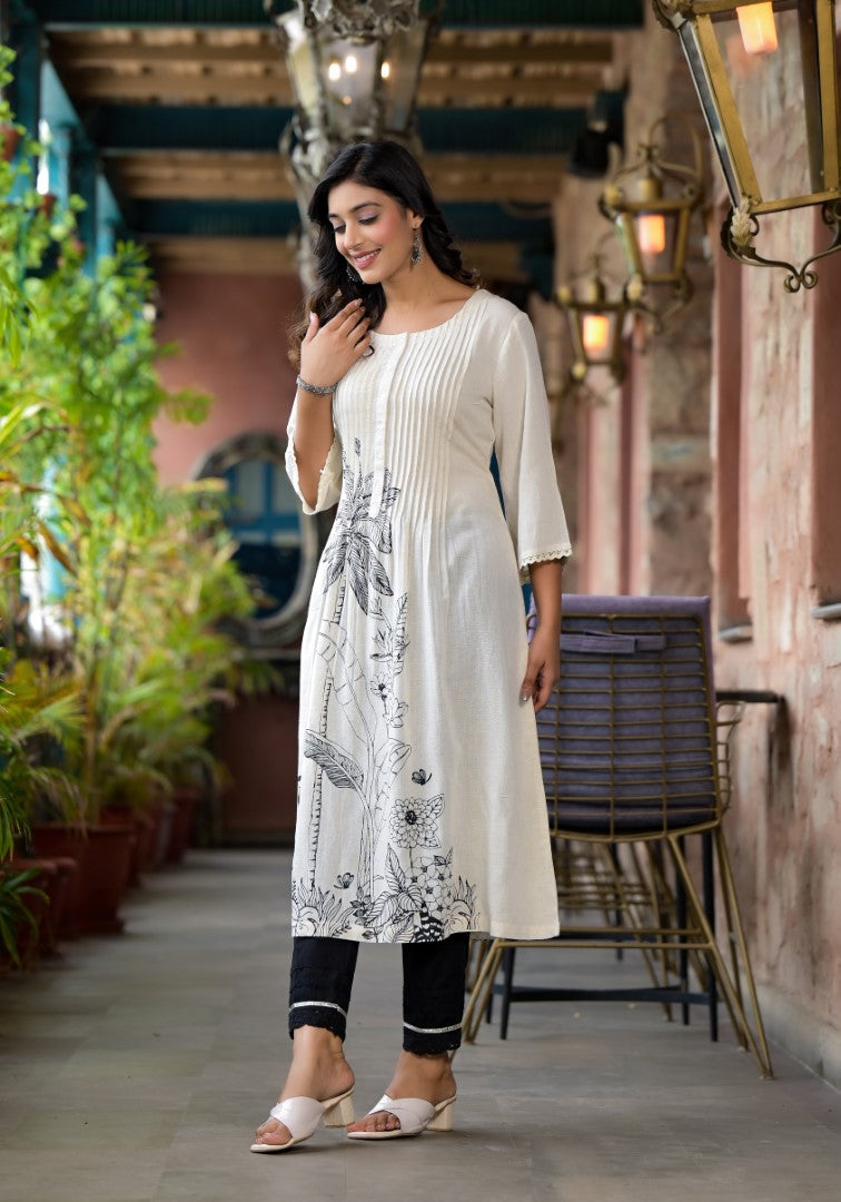 Natural Floral Printed Kurta With Buttons & Lace