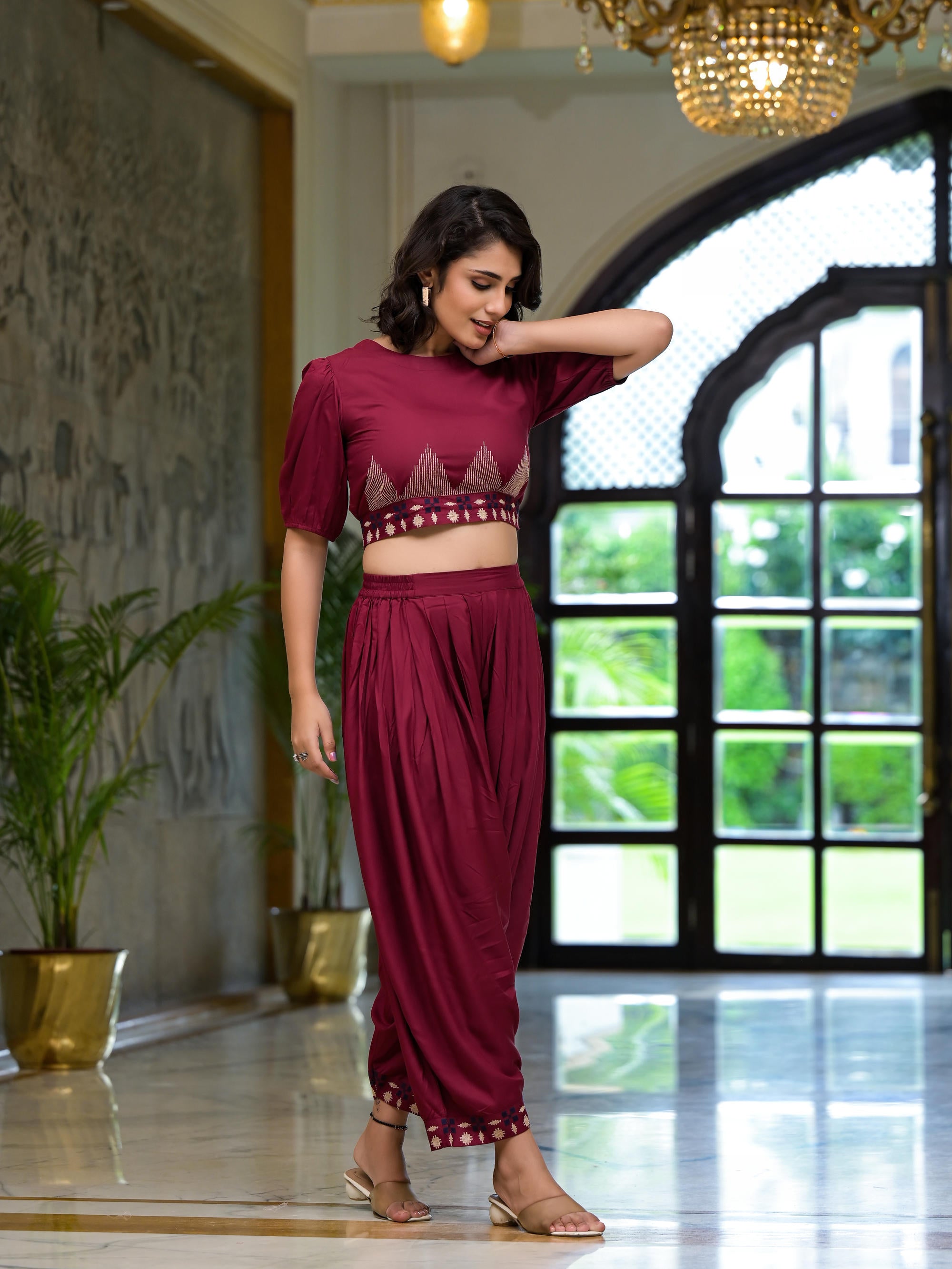 Rust Thread Embroidered Rayon Top & Dhoti Pant Set