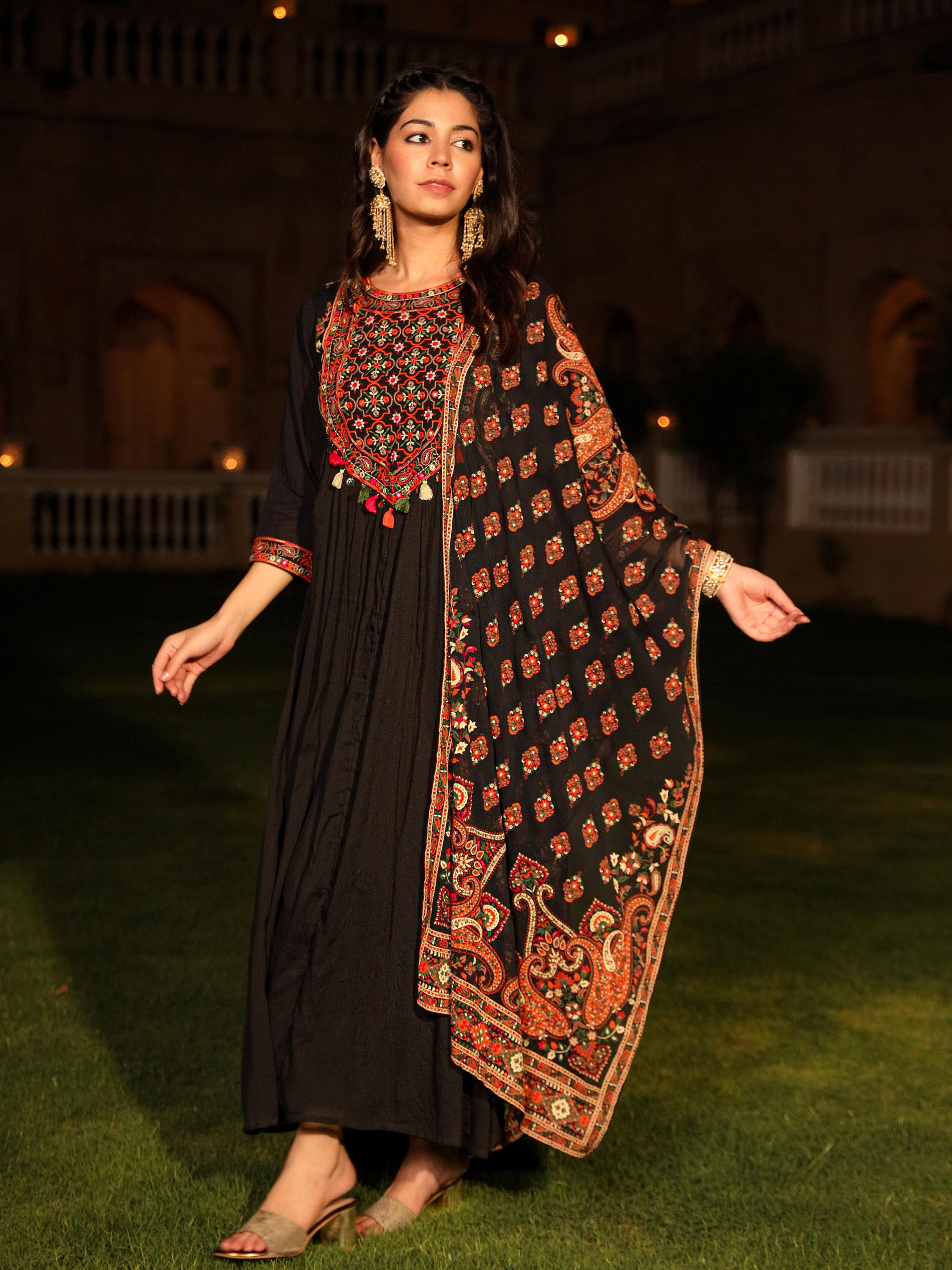 Black Thread Embroidered Cotton Dress & Dupatta With Tassels & Mirror Work