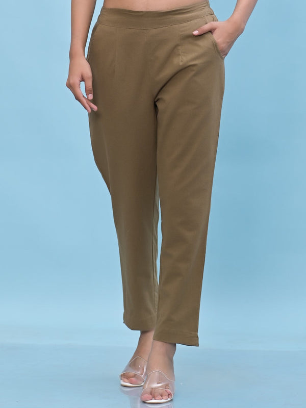 Women Brown Solid Cotton Pants with Partially Elasticated Waistband and Two Side Pockets | WomensFashionFun