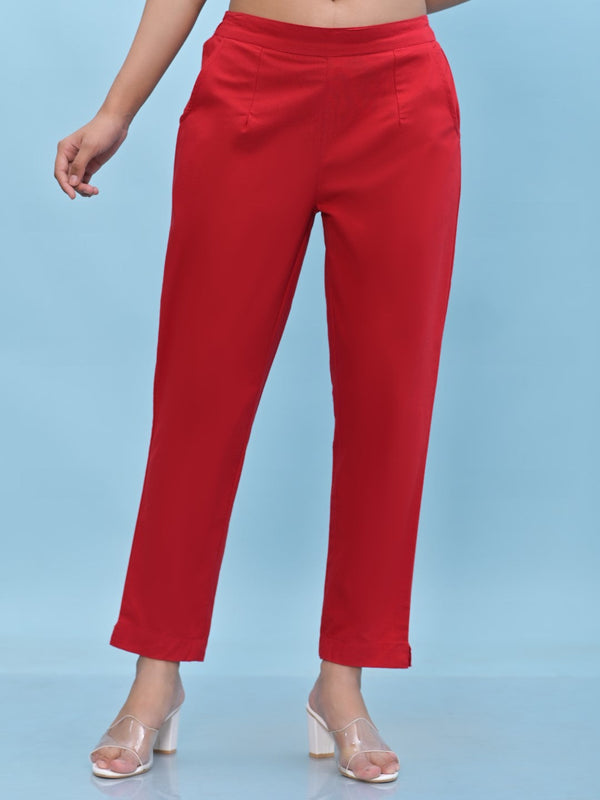 Women Red Solid Cotton Pants with Partially Elasticated Waistband and Two Side Pockets | WomensFashionFun