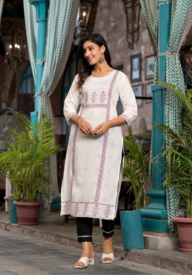 White Ethnic Motif Printed Rayon Round Neck  Kurta With Straight Hemline For Women