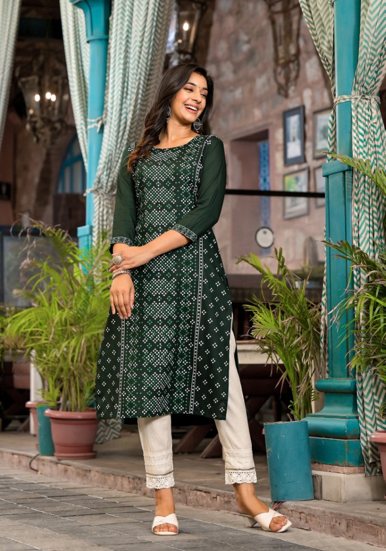 Green Ethnic Motif Printed Round Neck  Rayon Kurta With Straight Hemline