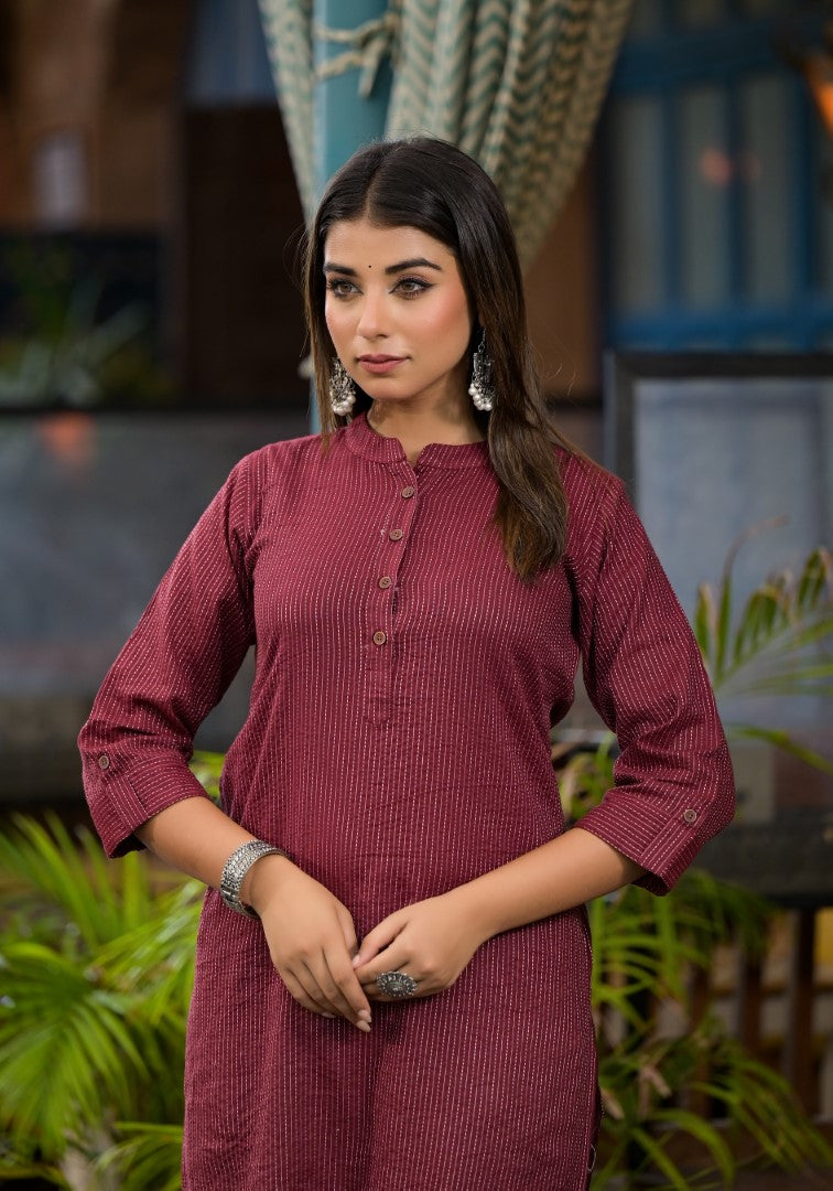 Maroon Striped Printed Cotton Kurta With Button Detail