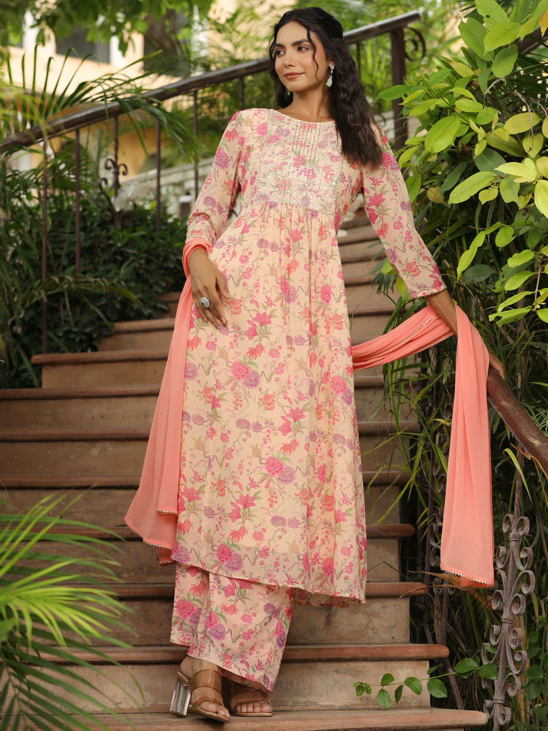 Women Georgette Peach Kurta Set WomensFashionFun