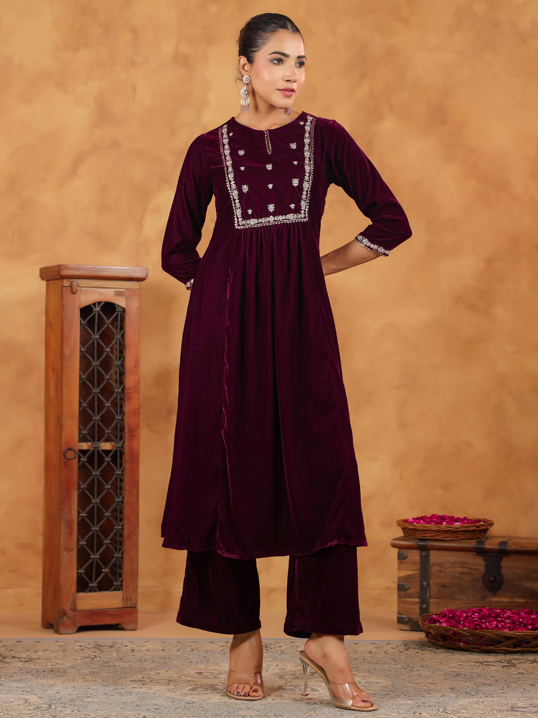 Women Velvet Wine Kurta Set WomensFashionFun