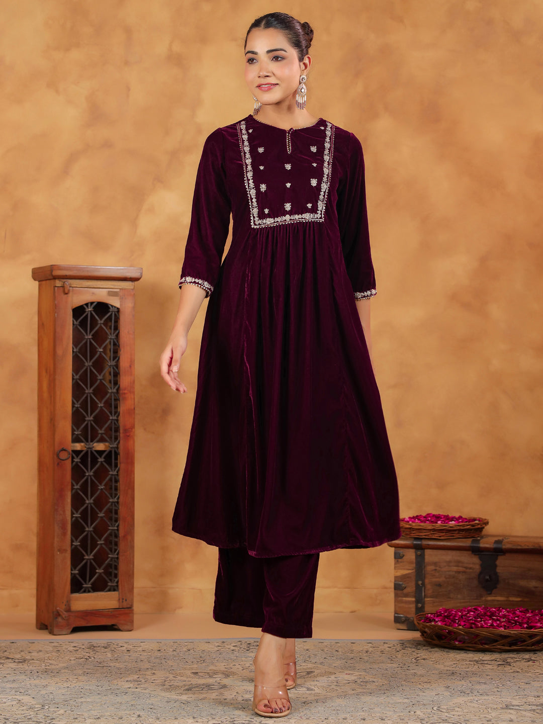 Women Velvet Wine Kurta Set WomensFashionFun