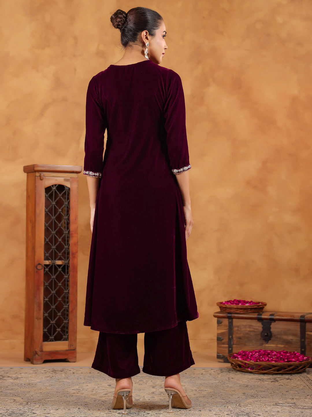 Women Velvet Wine Kurta Set WomensFashionFun